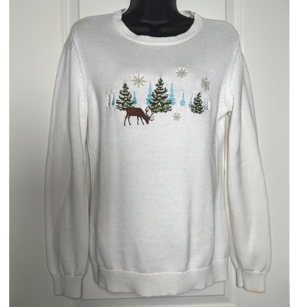 Cabela's Womens White Reindeer Tree Embroidered Cotton Knit Sweater S